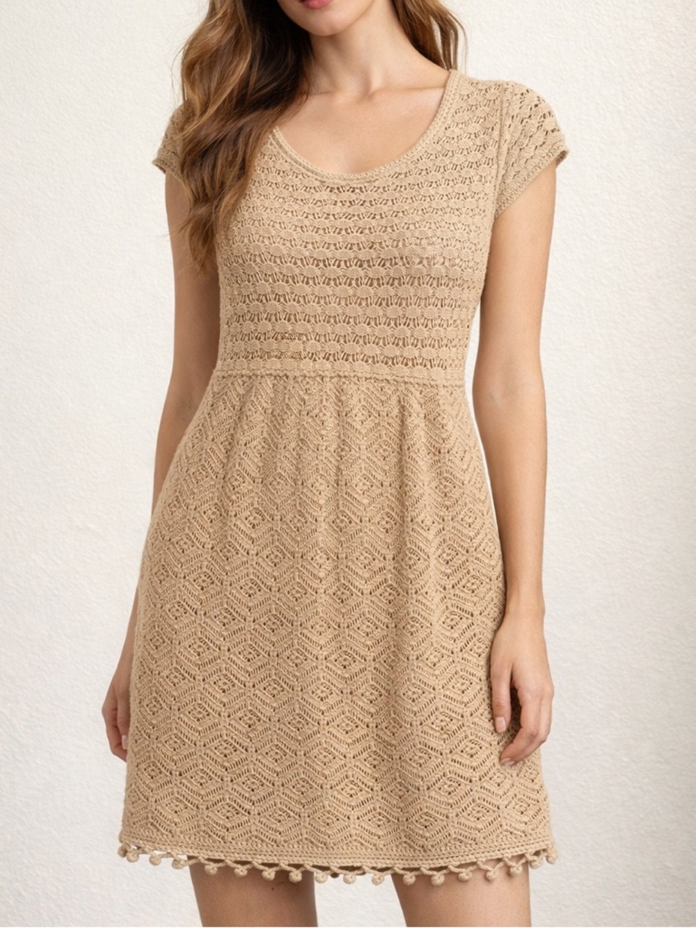 Lilly Pulitzer Crochet Knit Tan Gold Dress with Cap Sleeves Size L